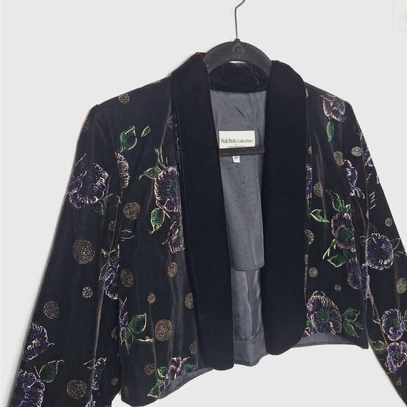 Vintage 90s Nah Nah Jonathan Tait Cropped Velvet Jacket 4P Bolero Flocked Floral - Picture 2 of 13
